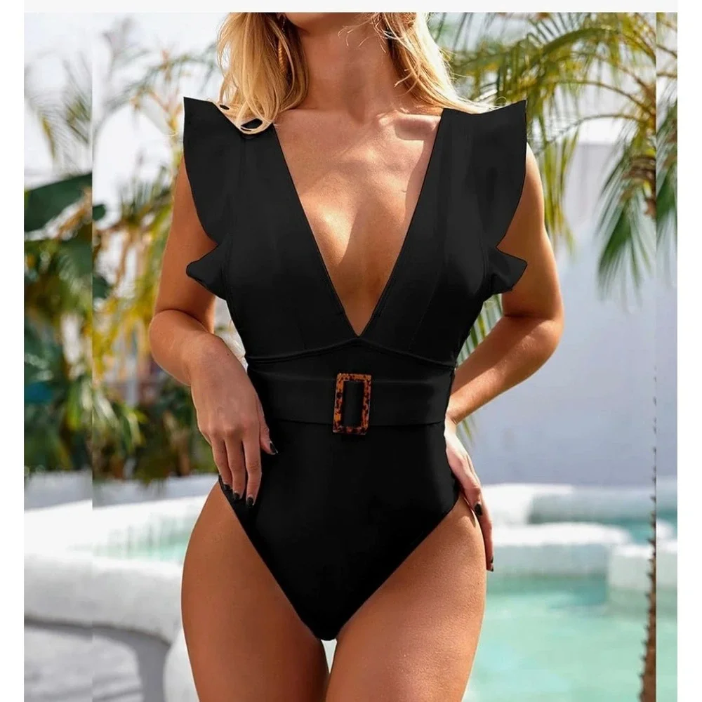 Avanova Black Ruffle One Piece Swimsuit‎ Deep V Neck Belted Bathing Suit M